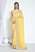 Yellow Organza Satin Silk Sequence Embroidered with Stone work Saree - Nimaya Benzy | Grocsy