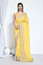 Yellow Organza Satin Silk Sequence Embroidered with Stone work Saree - Nimaya Benzy | Grocsy