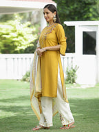 Juniper Mustard Mono Viscose Festive Wear Embroidered Straight Kurta Palazzo Dupatta Set | Grocsy