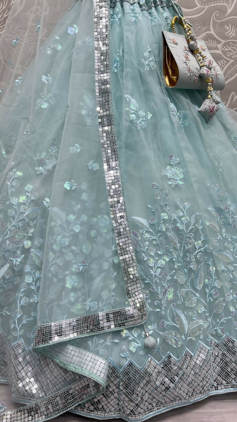 Jyoti Fashion Women's Sky Blue Bridal Net Fancy Sequins with Multi Thread Embroidered Wedding Lehenga Choli | Grocsy