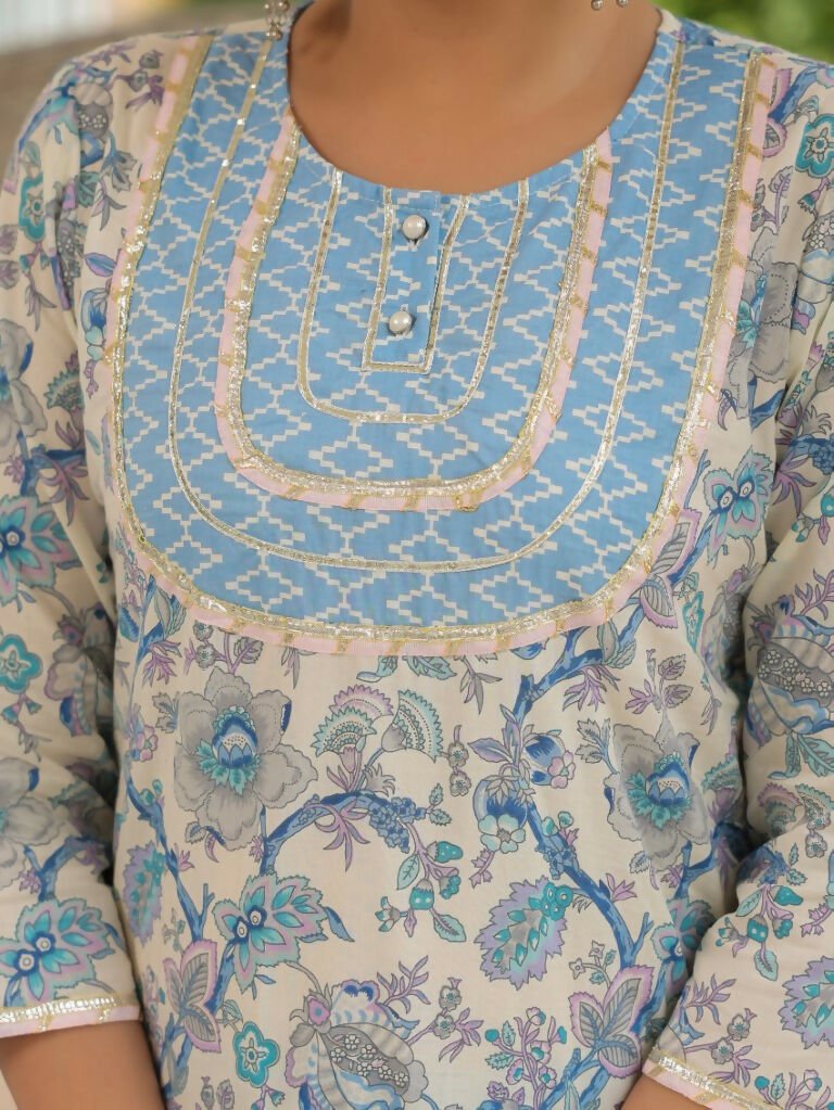 Aramya Straight Soft Cotton Floral Print Women's Kurta Set - Blue | Grocsy