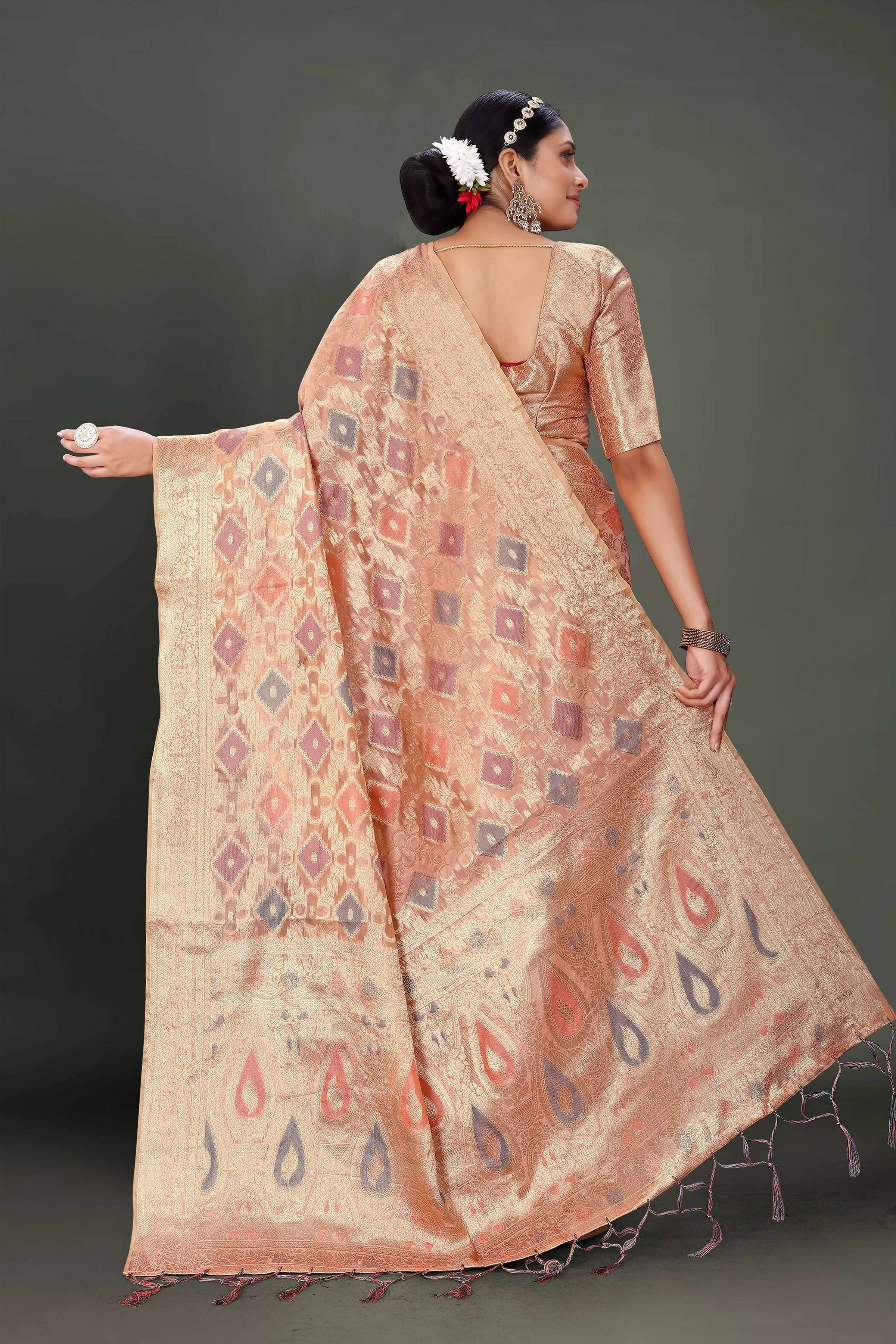 Pink Soft Organza Woven Design Saree With Unstitched Blouse Piece - Zaara | Grocsy