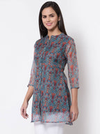 Myshka Women's Beautiful Organza Printed 3/4 Sleeve Round Neck Casual Multicolor Tunic | Grocsy