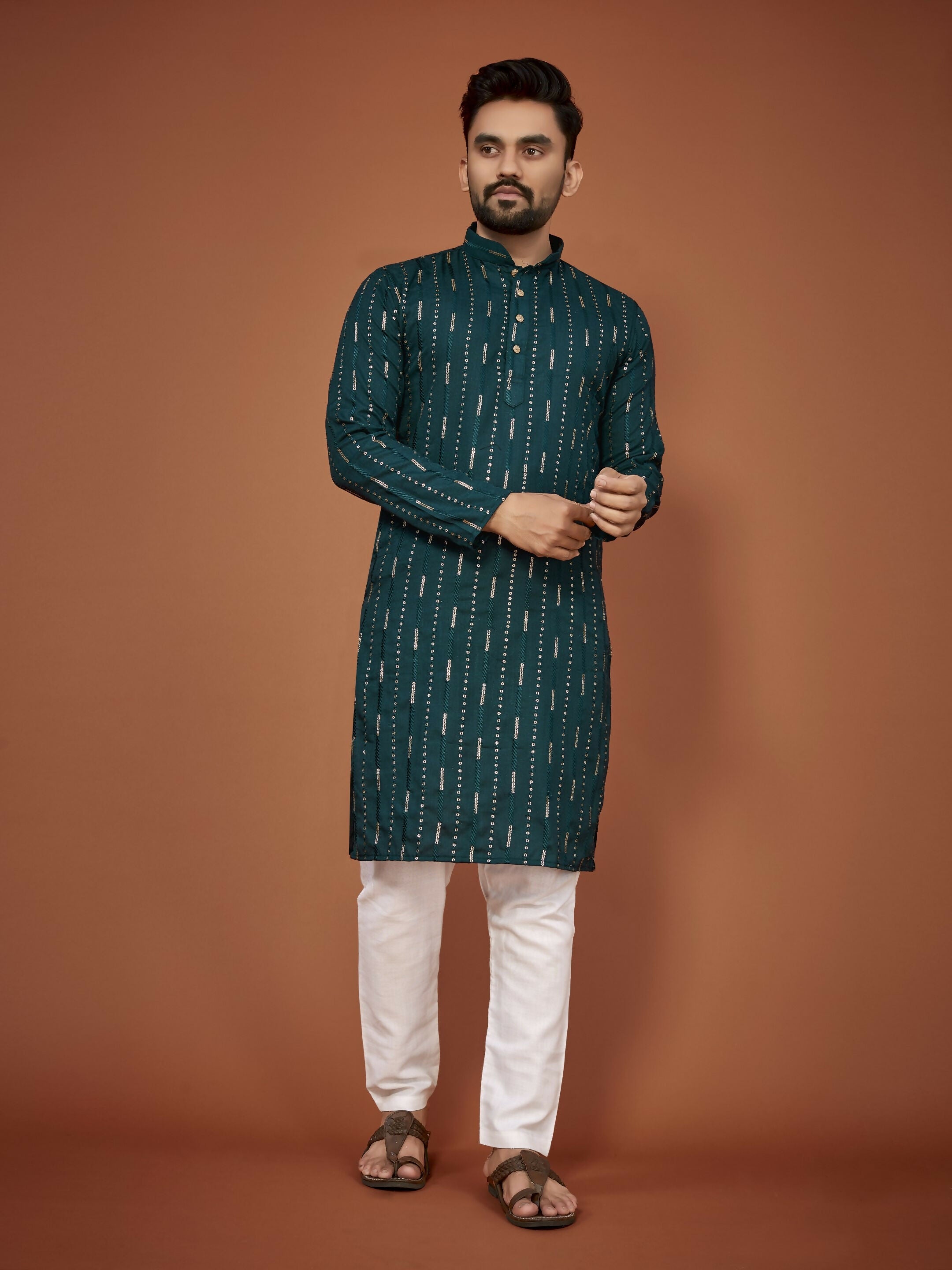 Anaita Teal Embroidered Cotton Straight Kurta | Grocsy