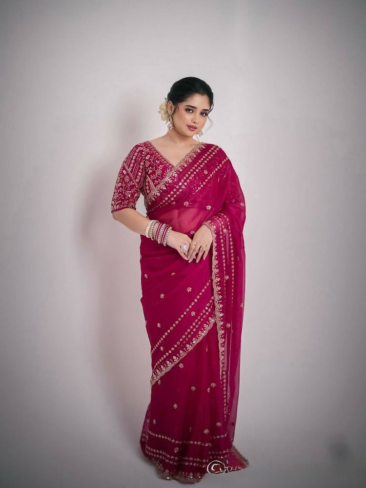 Joban Fashion Red Fandy Satin Silk Party Wear Sarees | Grocsy