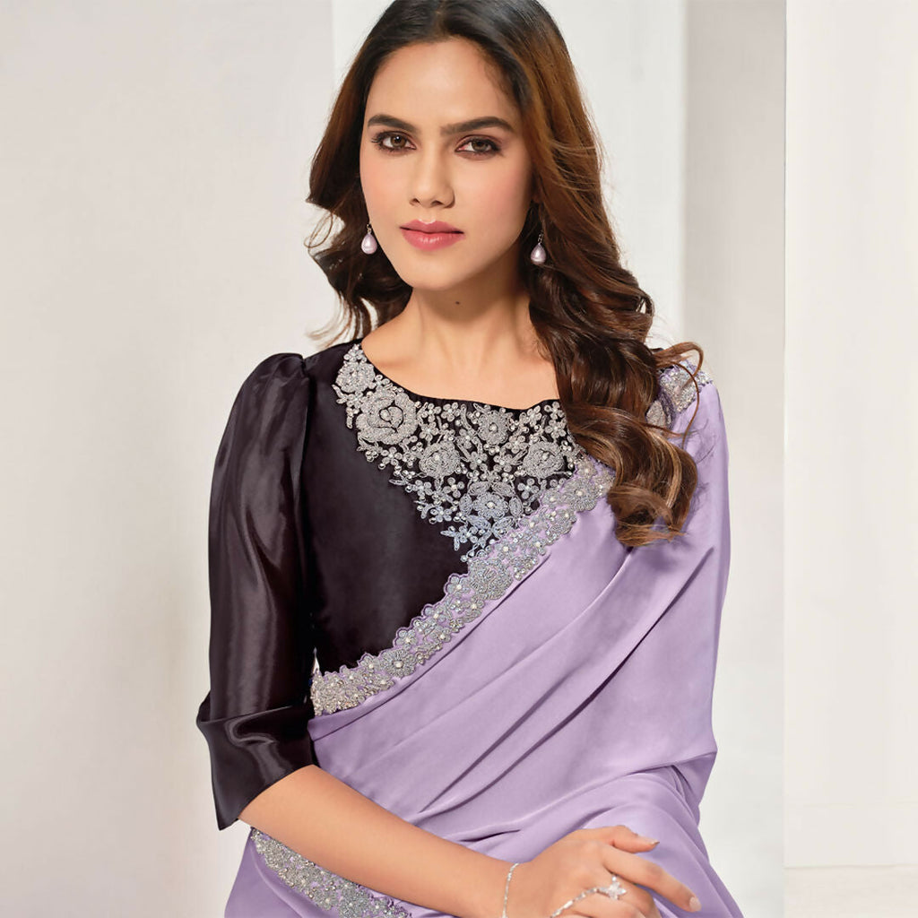 Lavendar Crepe Satin Silk Jardosi Saree With Unstitched Blouse Piece - Norita Saanjh | Grocsy
