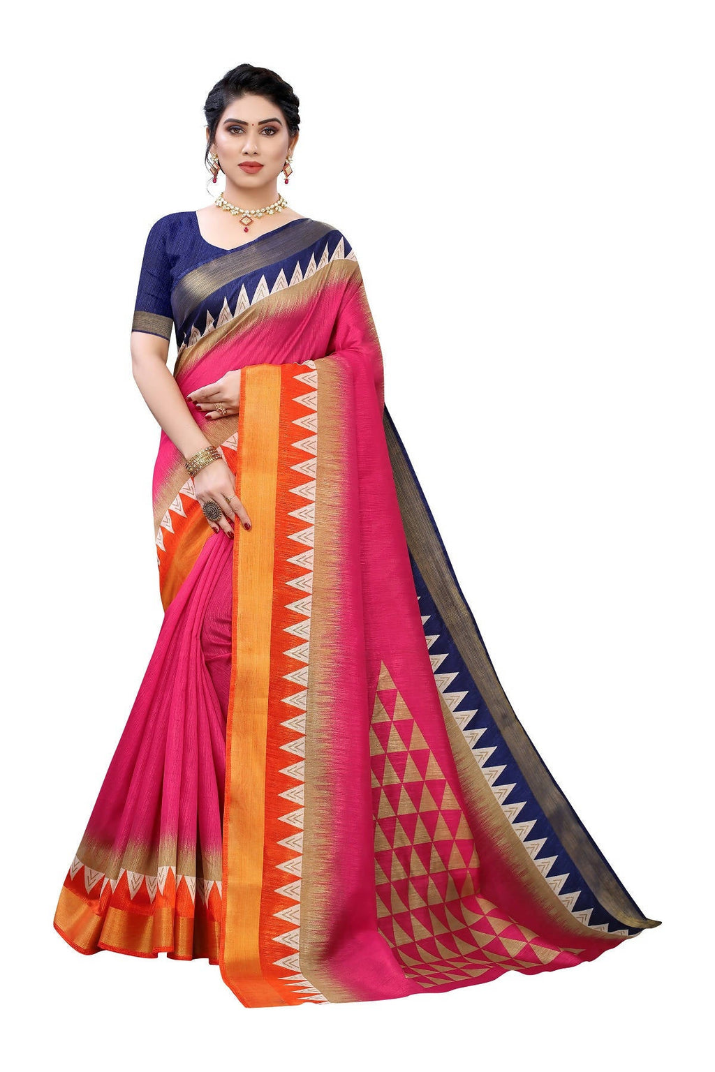 Vamika Pink & Blue Linen Jari Border Saree (GUNJAN PINK) | Grocsy