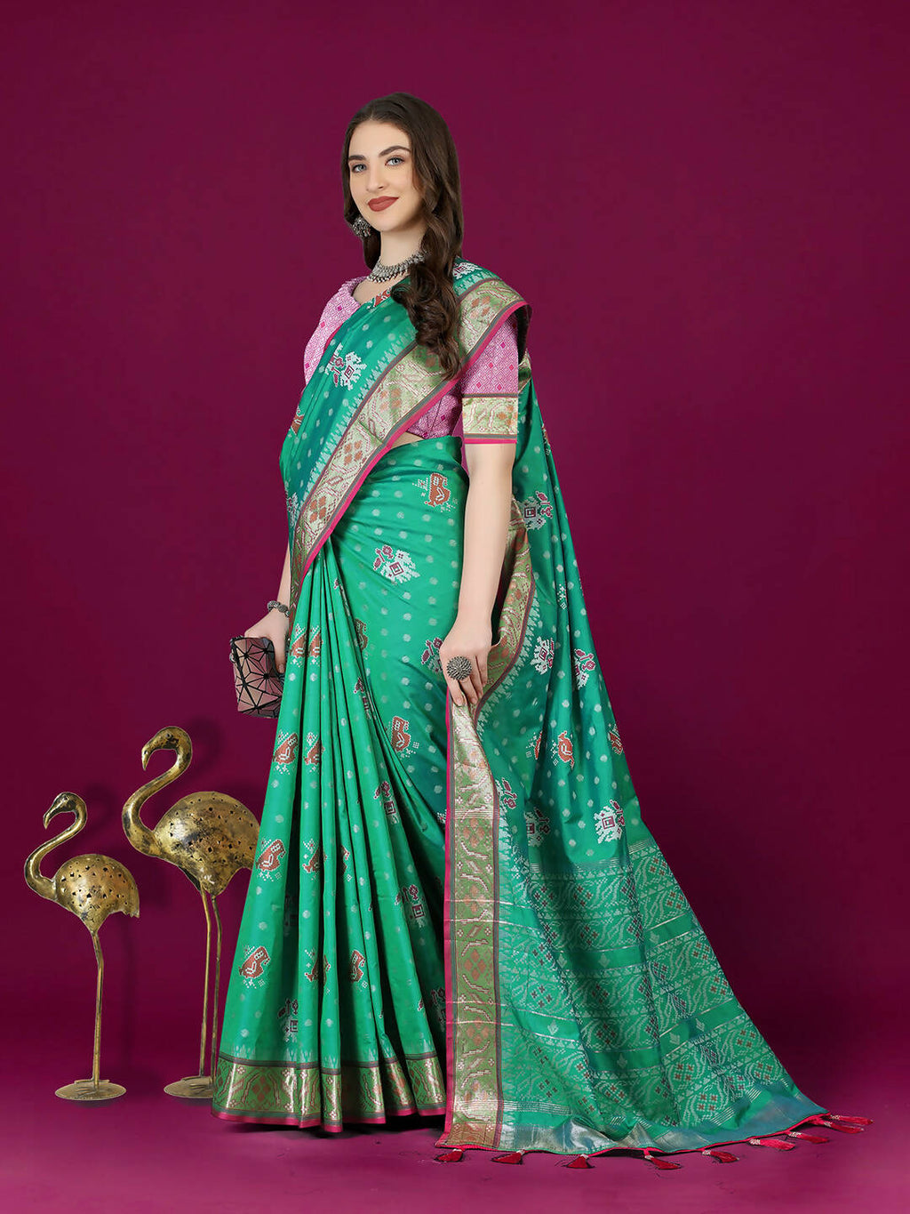 Lorenvalley Fashion Teal Patola Silk Woven Design Zari Meenakari Weaving Saree | Grocsy