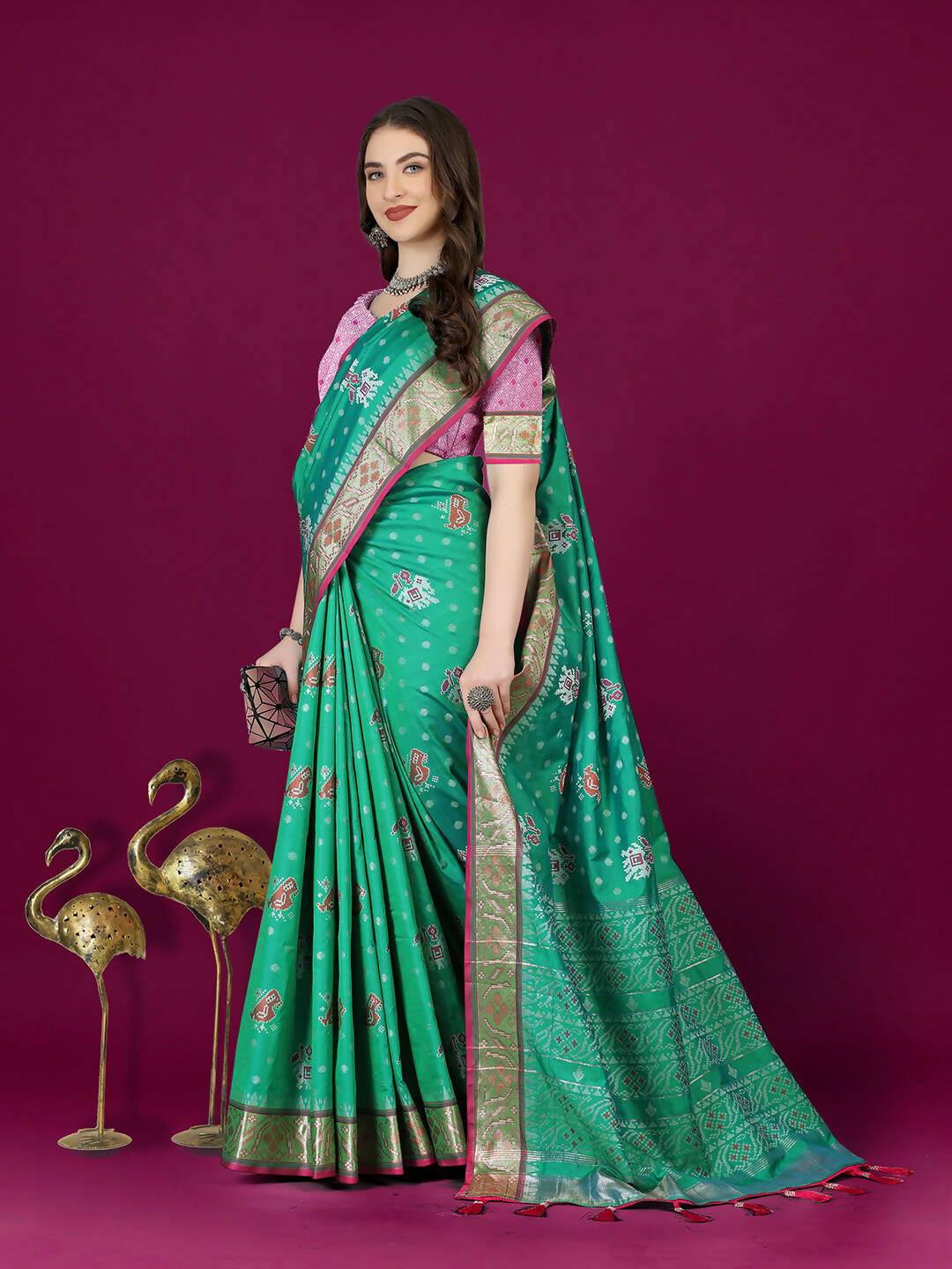 Lorenvalley Fashion Teal Patola Silk Woven Design Zari Meenakari Weaving Saree | Grocsy