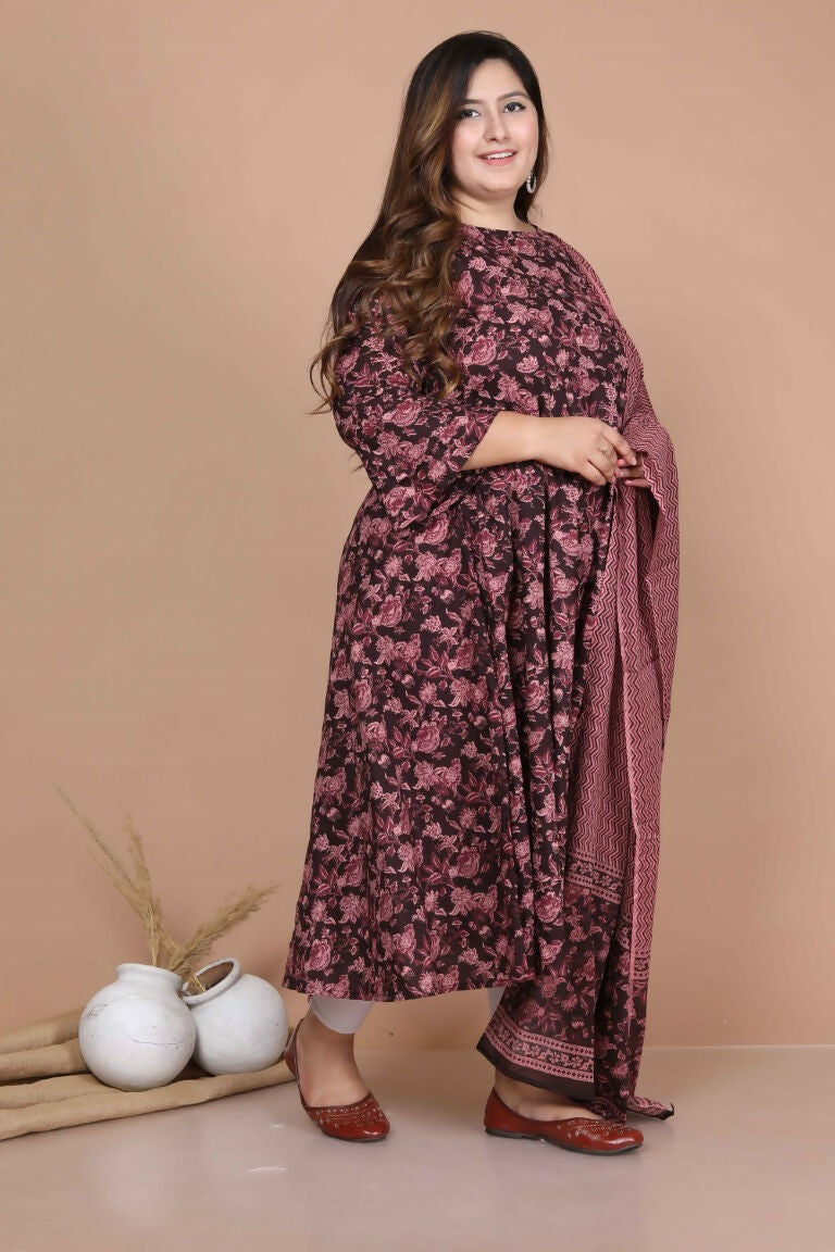 Miravan Women's Plus Size Stunning Maroon Bell Sleeve Floral Printed Anarkali Kurta Dupatta | Grocsy