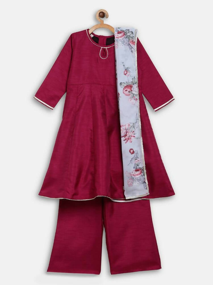 Ahalyaa Wine Poly Silk Curved Kids Kurta Palazzo Set With Bottom For Girls | Grocsy