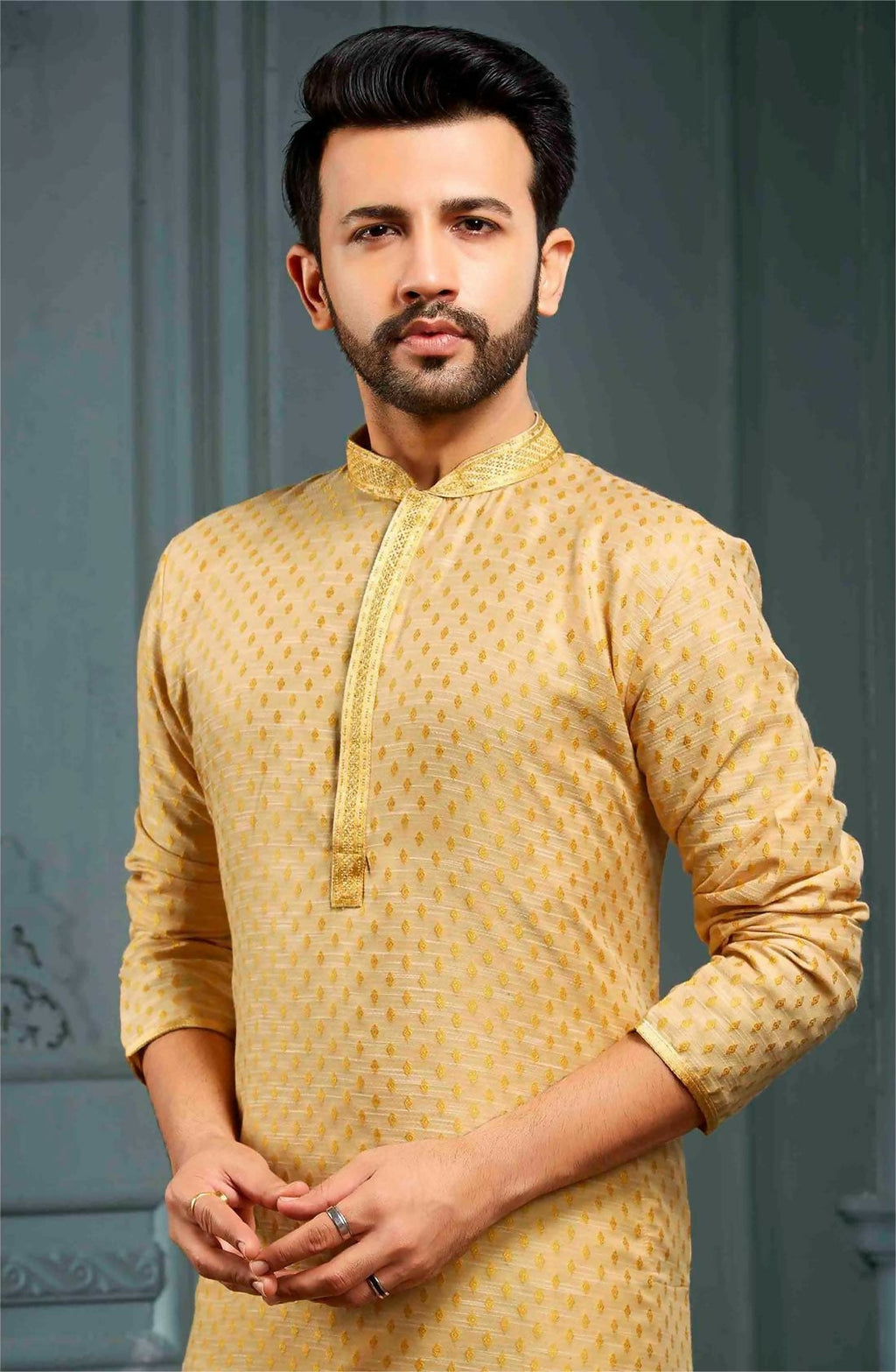Joban Fashion Men's Yellow Poly Jacquard Kurta Pajama | Grocsy