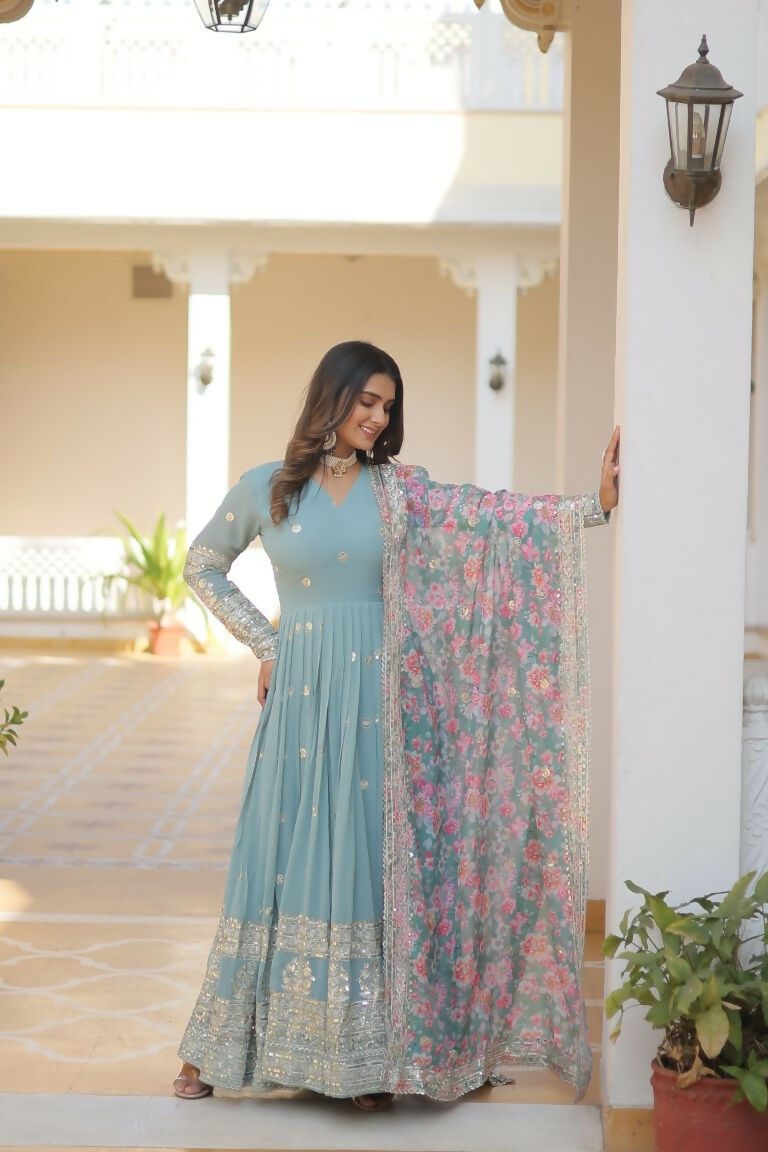 Jyoti Fashion Women's Sky Blue Faux Georgette Sequins Zari Embroideredy Anarkali Dress with Dupatta | Grocsy