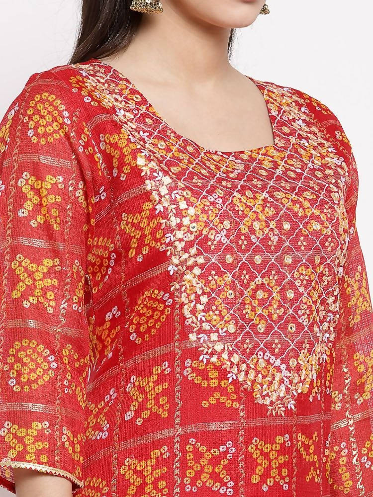 Myshka Women's Red Cotton Printed 3/4 Sleeve Square Neck Casual Kurta | Grocsy