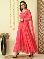 Myshka Women's Pink Georgette Sleeveless Flayered Party Kurta With Dupatta Set | Grocsy