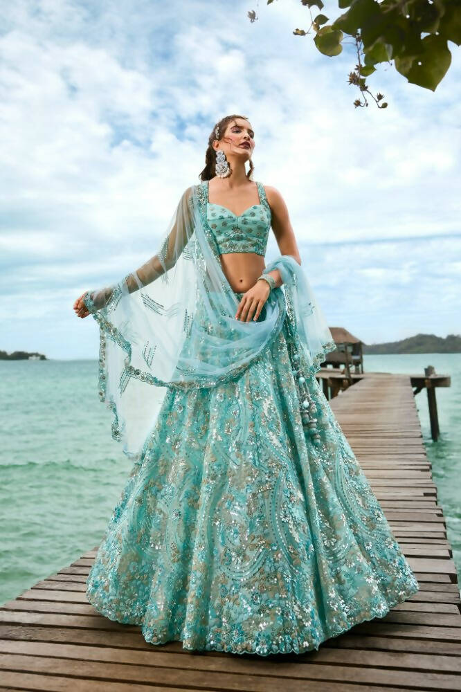 House of Panchhi Turquoise Blue Net Sequins And Zarkan Embroidery Lehenga Choli & Dupatta | Grocsy