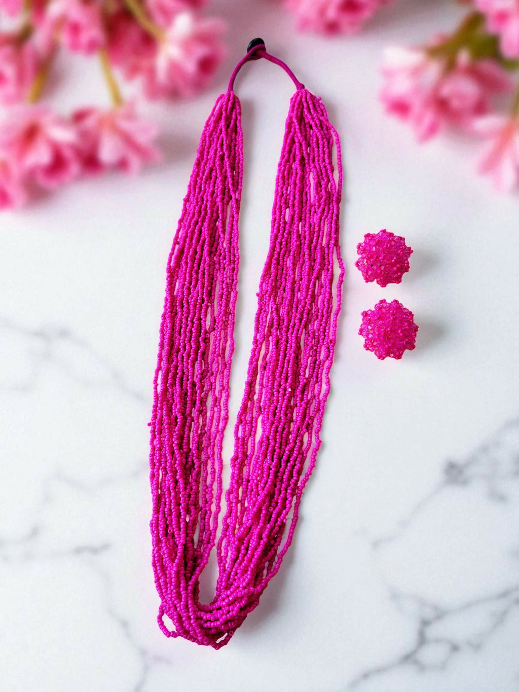 Inhanns Rangsaaz 20-Layer Luxe Long Beaded Necklace (With Optional Statement Earrings) - Pink With Earring | Grocsy