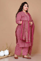 Miravan Women Plus Size Pink Straight Floral Printed Kurta & Palazzo With Dupatta | Grocsy