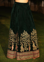 Juniper Women's The Sunehri Green Zari Embroidered Velvet Top & Skirt Set With Sequins & Lace | Grocsy
