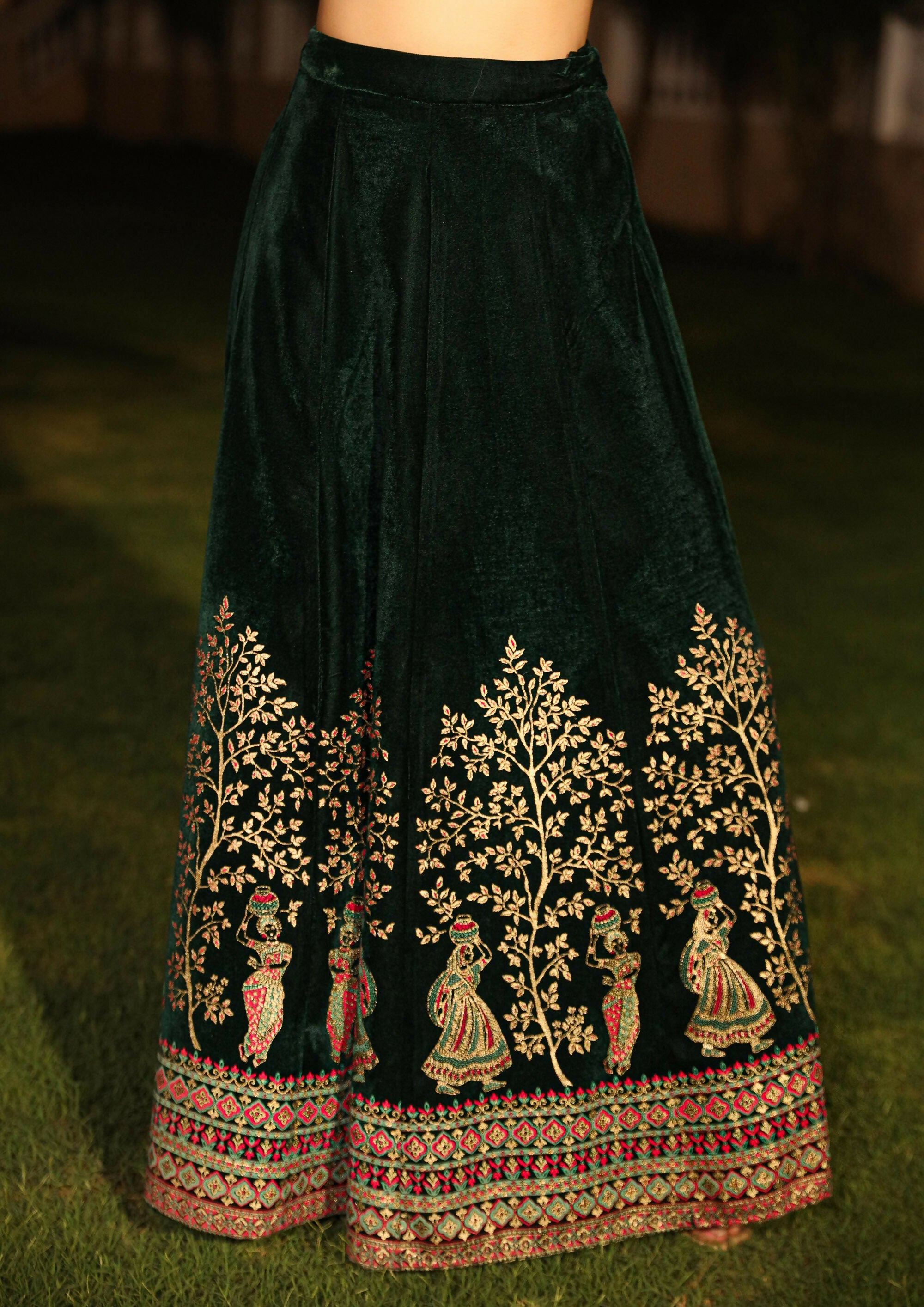 Juniper Women's The Sunehri Green Zari Embroidered Velvet Top & Skirt Set With Sequins & Lace | Grocsy