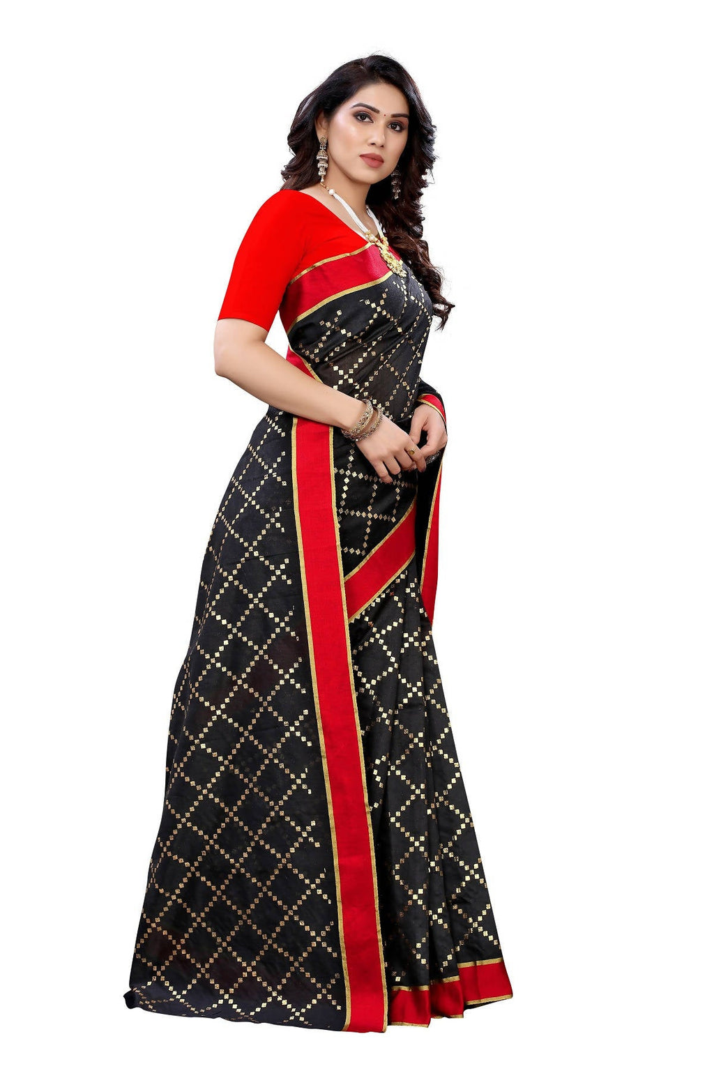 Vamika Black Linen Foil Print Saree (YOGI BLACK) | Grocsy