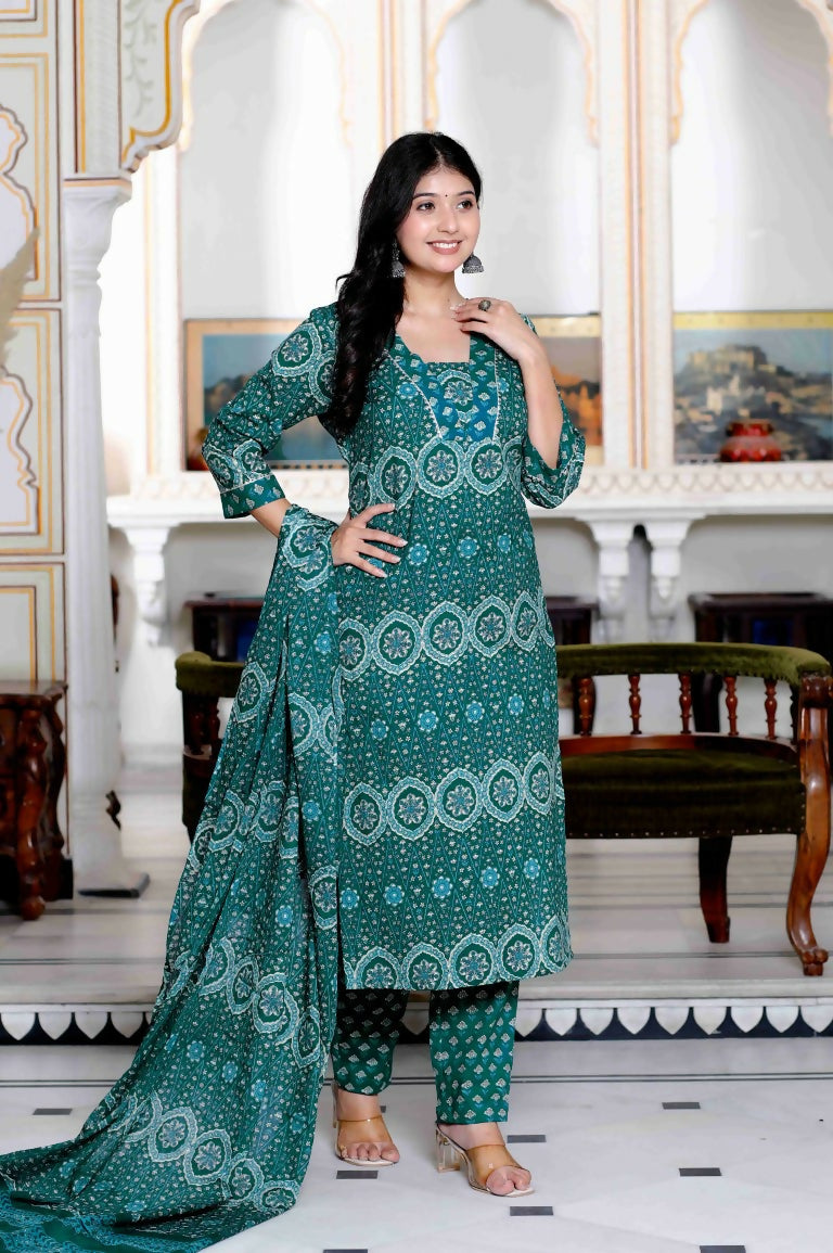 Miravan Women's Cotton Green Floral Printed Straight Pakistani Style Suit Set | Grocsy