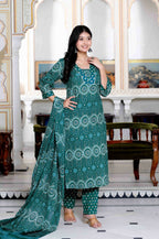 Miravan Women's Cotton Green Floral Printed Straight Pakistani Style Suit Set | Grocsy