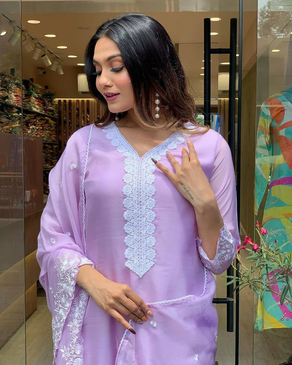 The52 Lavender Women's Gorgeous Embroidered Georgette Fabric Straight Kurta Pant with Dupatta Set | Grocsy