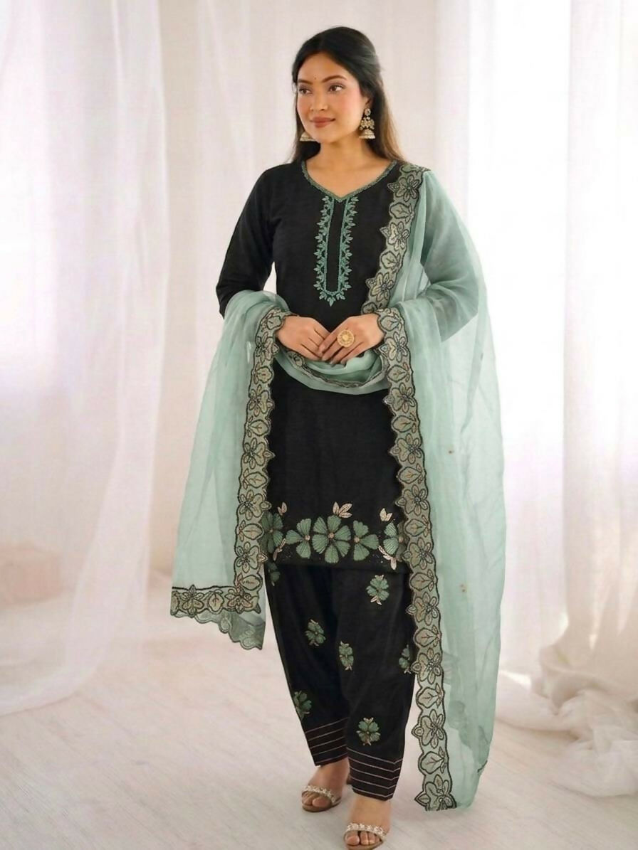 Teeya Creation Women's Fancy Stylish Heavy Embroidery Sequence Work With Rivet Moti Work Green Kurta Set | Grocsy
