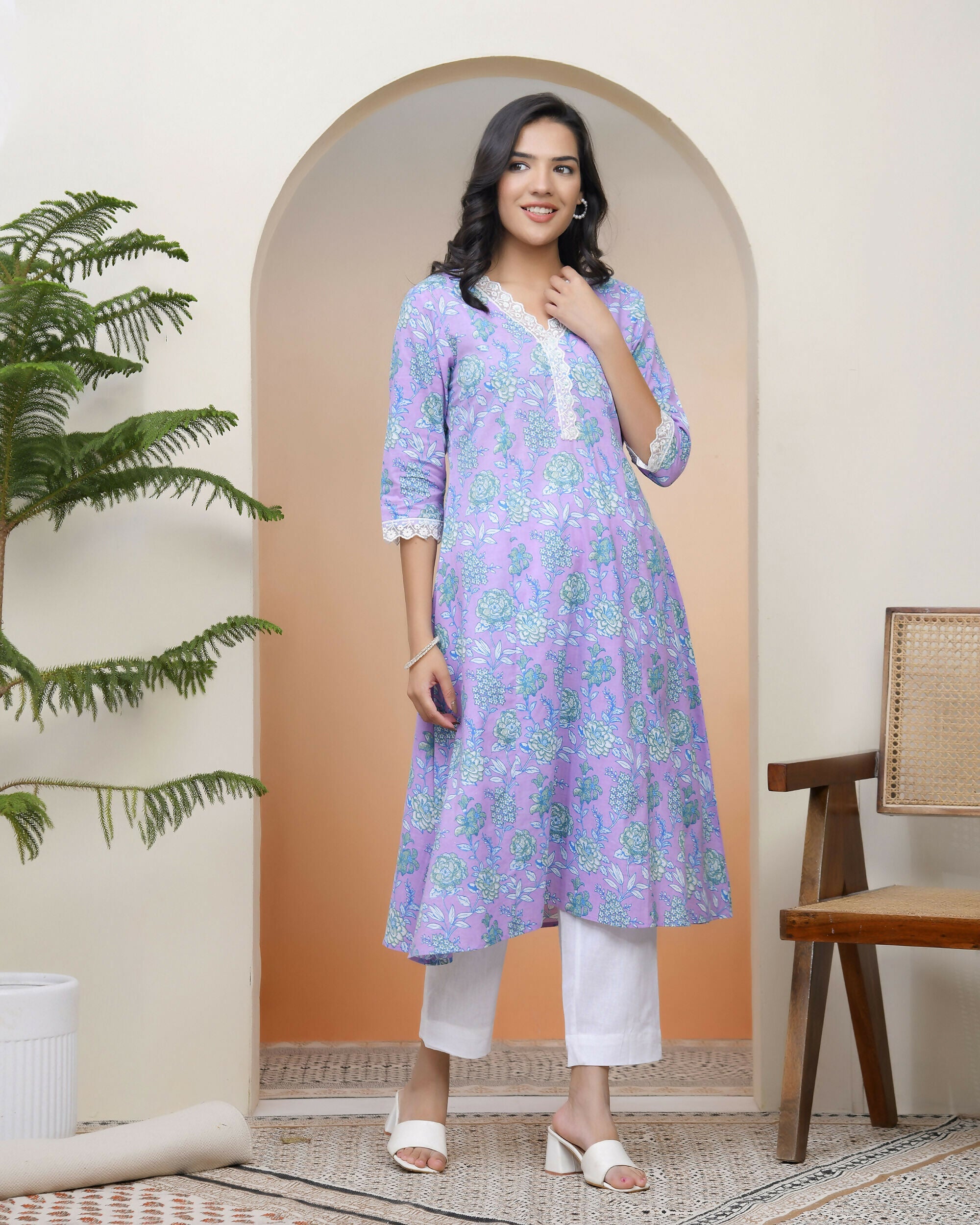 Vaasva Women Lavender Floral Cotton Printed Flare Kurti With Pant | Grocsy