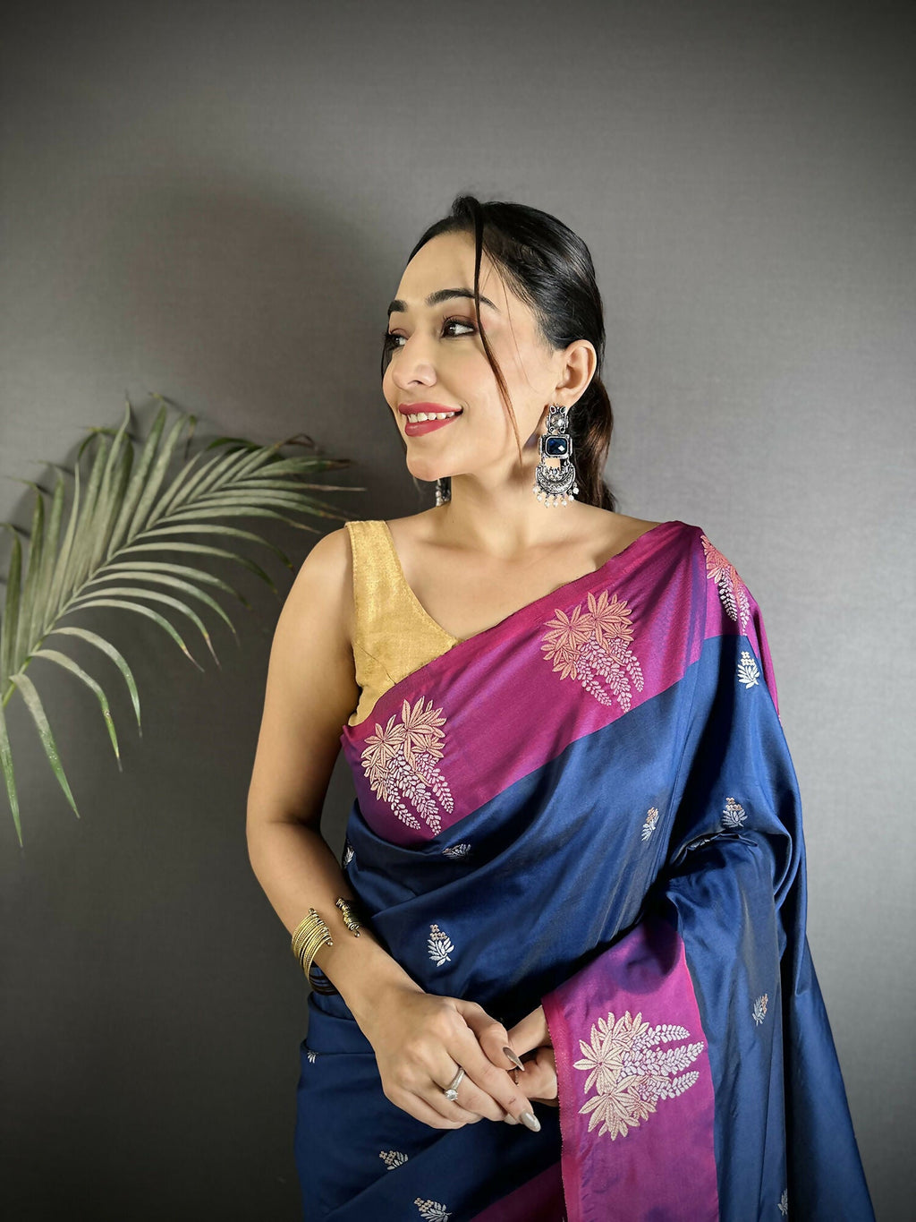 Joban Fashion Royal Blue Small Butti Soft Silk Banarasi Saree | Grocsy