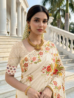 Aastha Fashion Cream Premium Russian Silk Designer Floral Position Print Saree | Grocsy