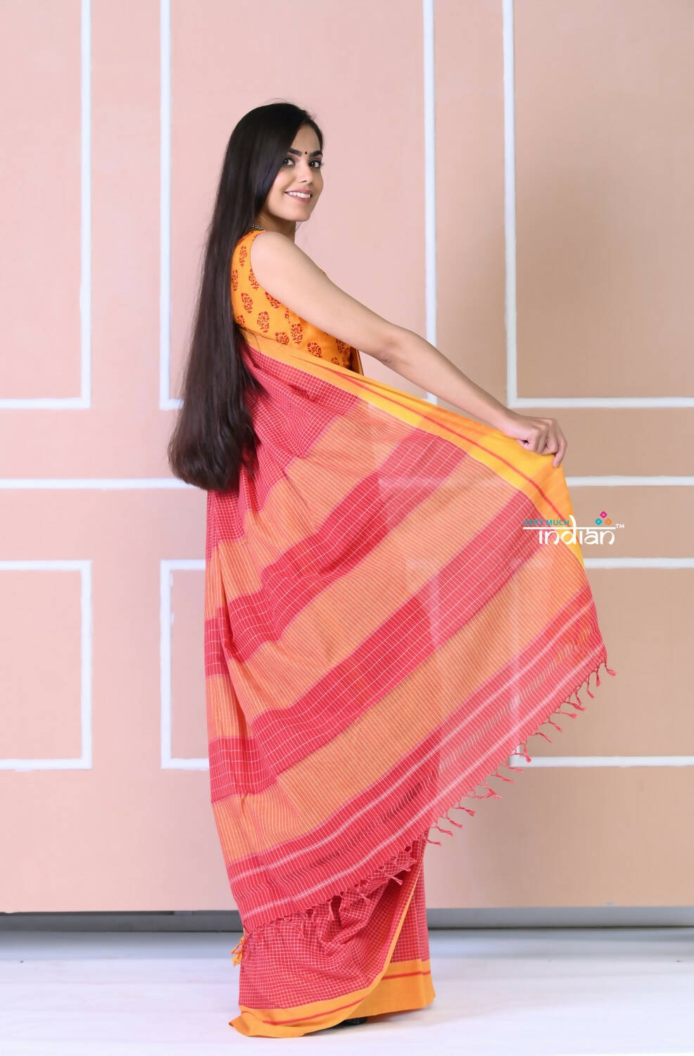 Very Much Indian Traditional Patteda Anchu Ilkal Handloom Saree-Disperse Orange | Grocsy