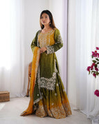 The52 Women's Beautiful Chinon silk Fabric Embroidery Work Straight Kurta Palazzo and Dupatta Set | Grocsy