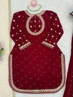 Vastranavya Maroon Viscose Velvet Intricate Thread & Sequence With Pearl Work Top Palazzo With Dupatta | Grocsy