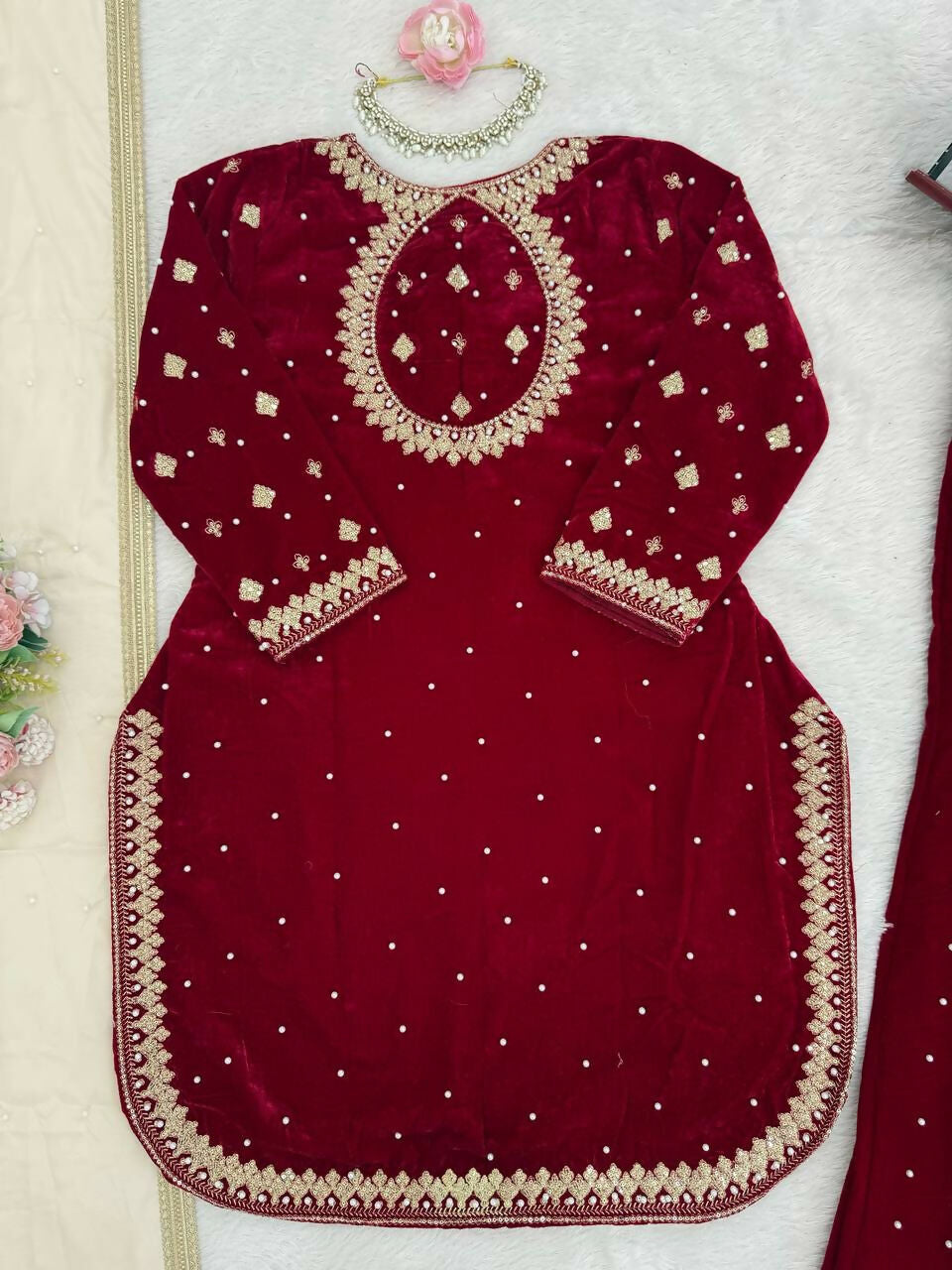 Vastranavya Maroon Viscose Velvet Intricate Thread & Sequence With Pearl Work Top Palazzo With Dupatta | Grocsy