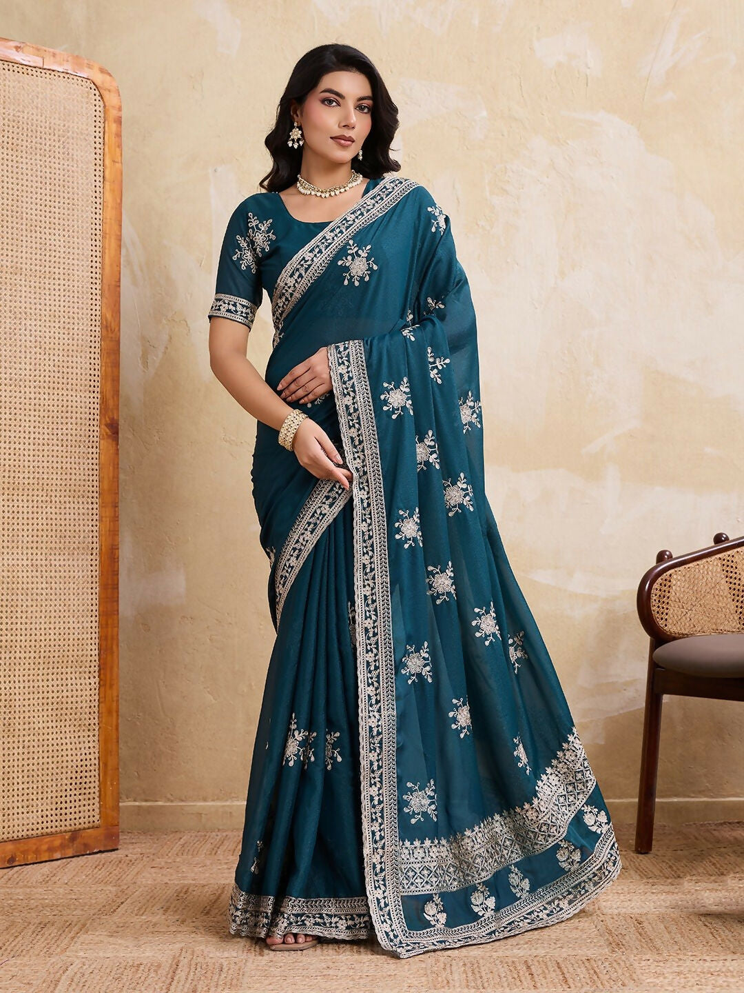Teeya Creation Womens New Latest Party Wear Soft Georgette Saree-Teal | Grocsy