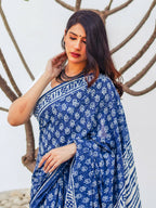 Zibaa Hand-Blocked Pure Mul Cotton Indigo Saree | Grocsy