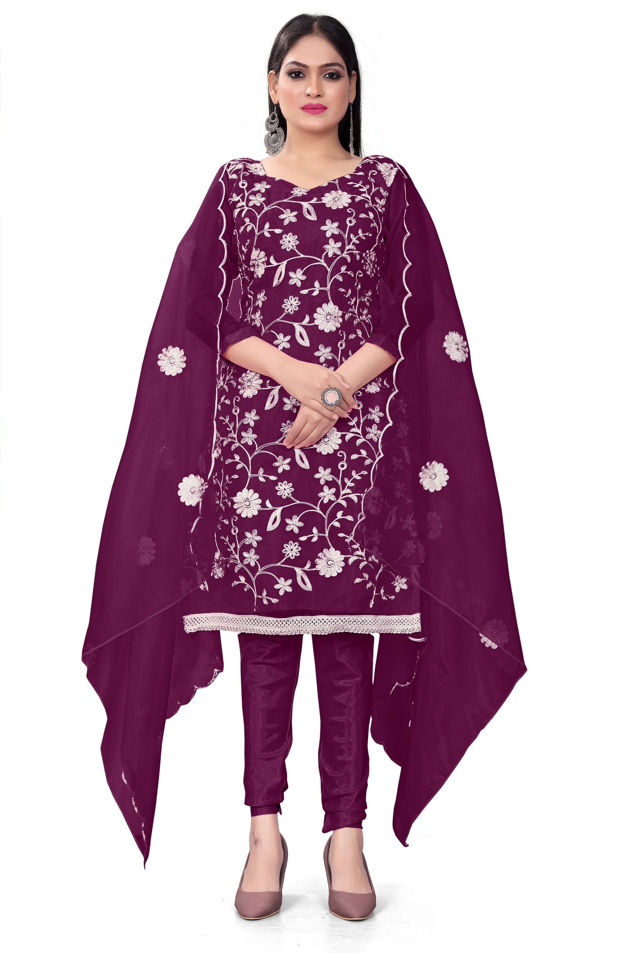 Purple Organza Silk Embroidered Work Unstitched Dress Material - Tanvi | Grocsy