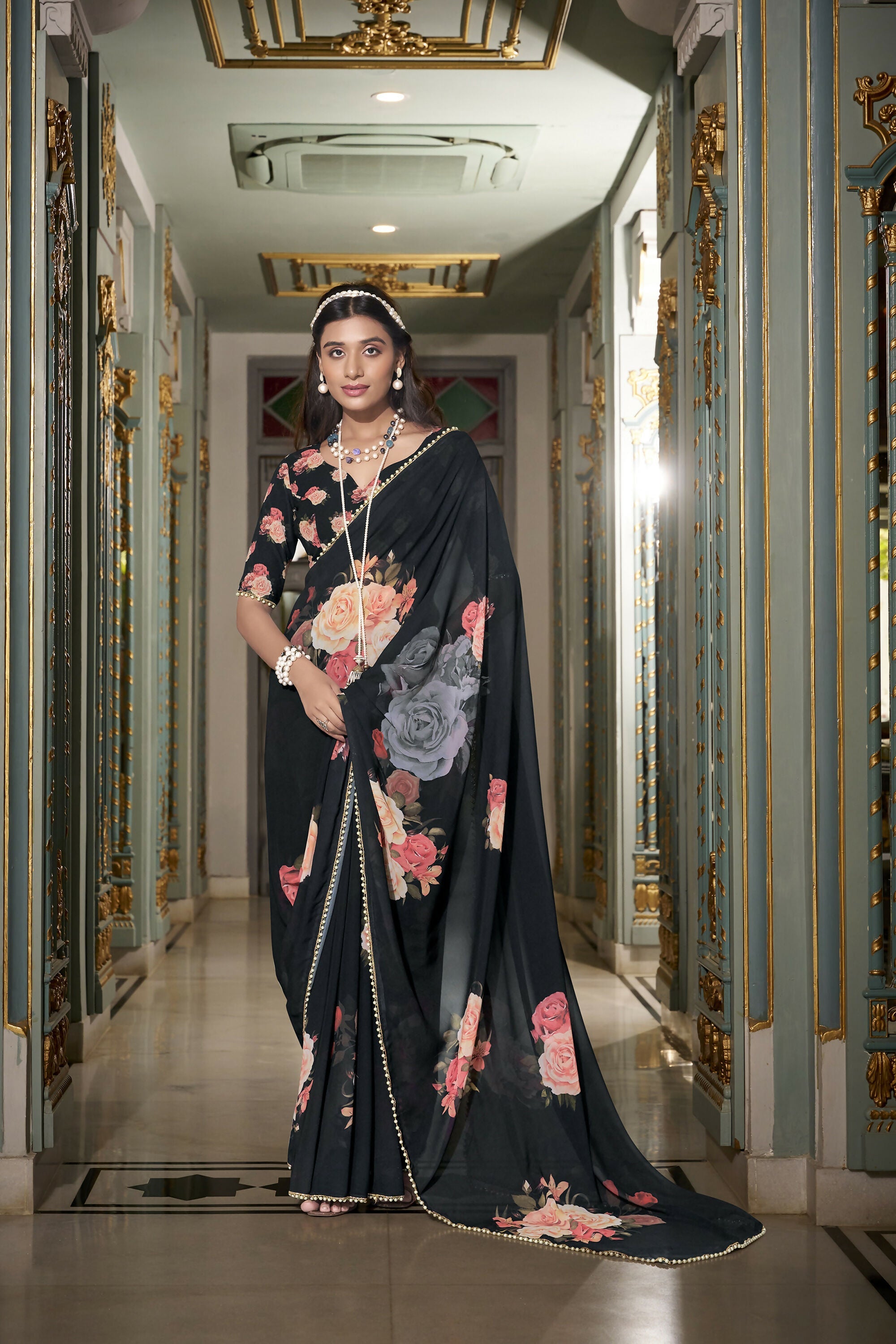 Vastranavya Black Spectacular Georgette Printed with Pearl Lace Saree with Unstitched Blouse | Grocsy