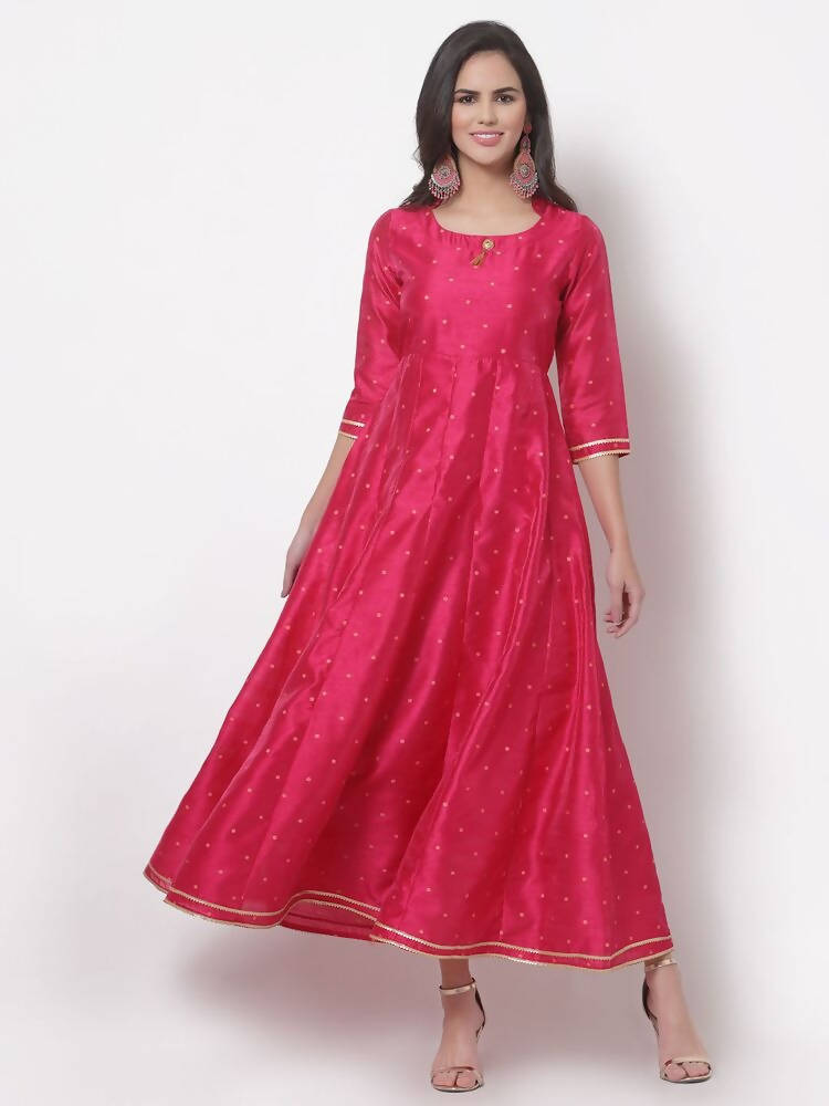 Myshka Women's Pink Silk Solid 3/4 Sleeve Round Neck Casual Anarkali Gown with Dupatta | Grocsy