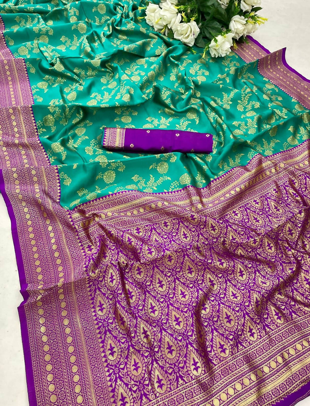 DEIANA'S Beautiful Designer Golden zari Soft Lichi Silk Saree - Teal | Grocsy
