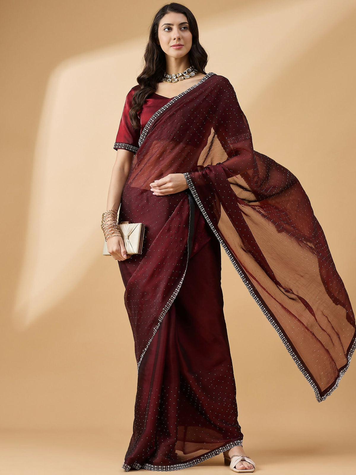 Brown Organza Swaroski Diamond Work Saree with Unstitched Blouse - Radha | Grocsy