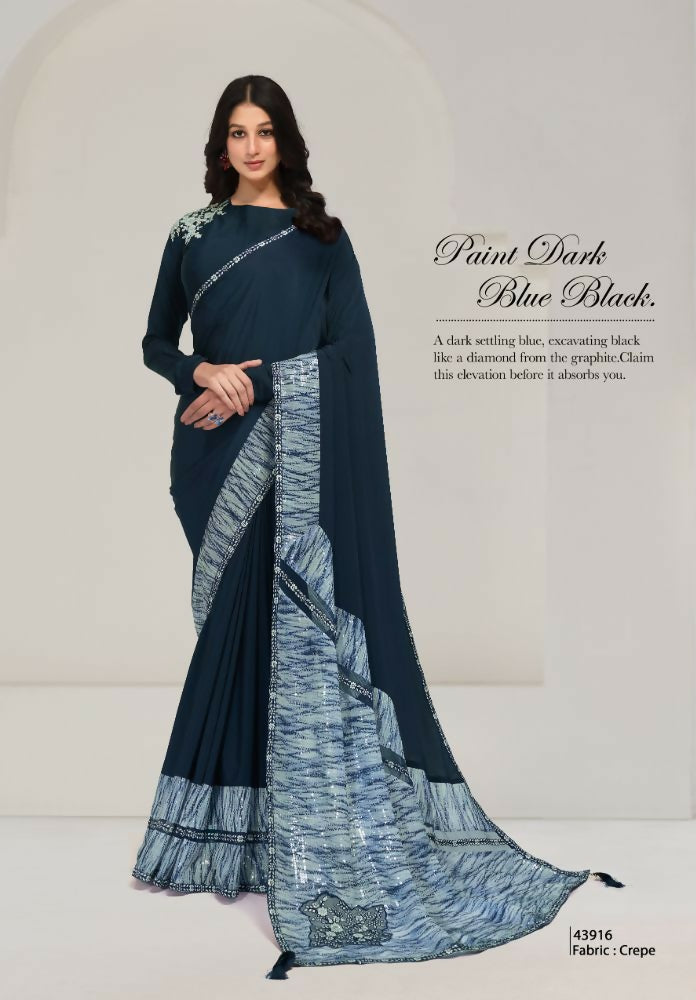 Teal Crepe Sequence Embroidered Saree with Unstitched Blouse - Norita Saanjh | Grocsy