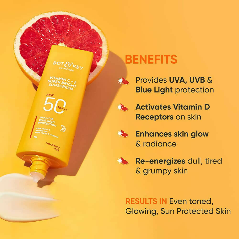 Dot & Key Vitamin C + E Face Sunscreen SPF 50 PA+++ For Glowing Skin, 100% No White Cast | Grocsy