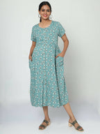 Manet Short Sleeves Maternity Dress Floral Print With Concealed Zipper Nursing Access - Green | Grocsy