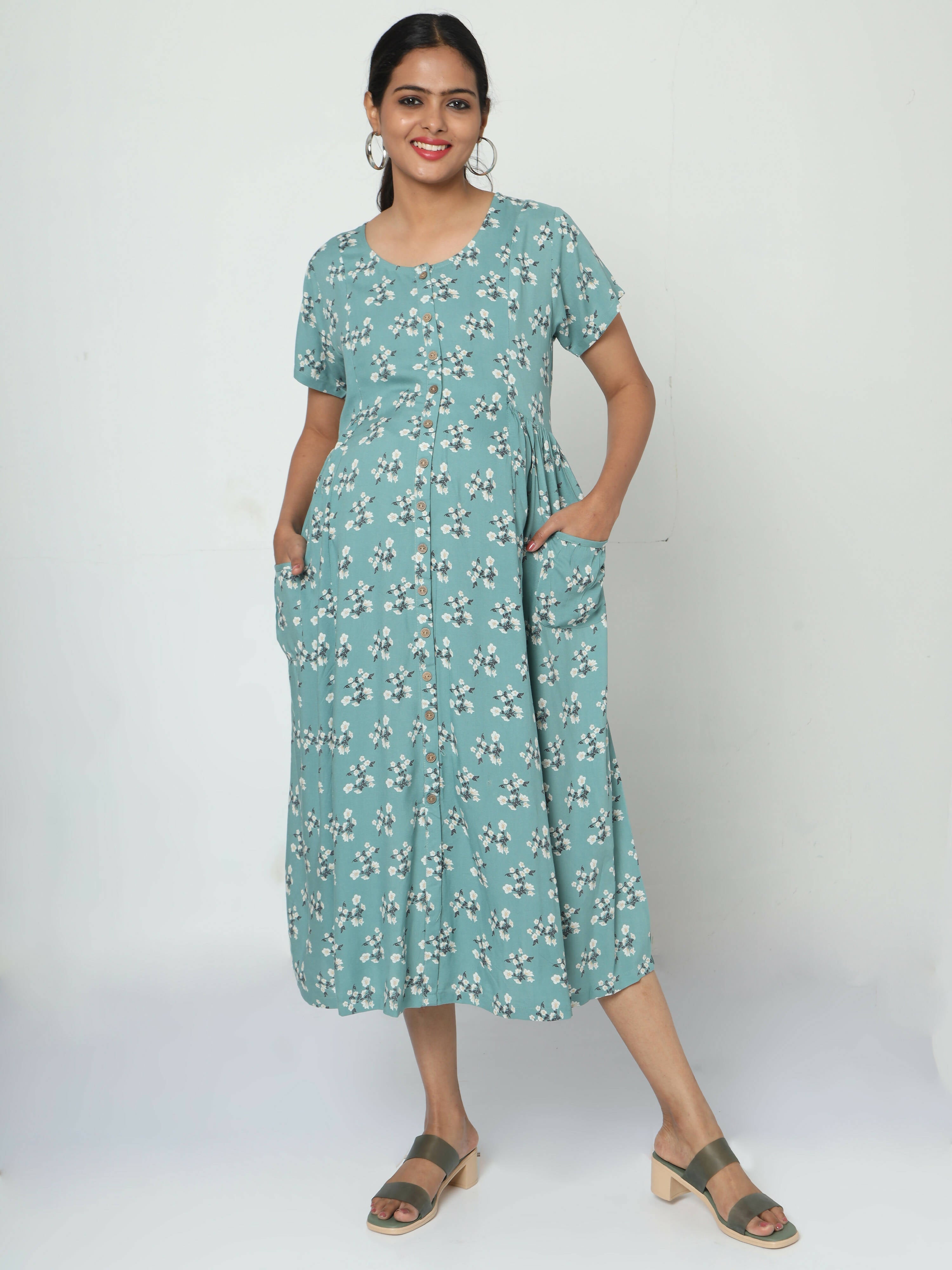 Manet Short Sleeves Maternity Dress Floral Print With Concealed Zipper Nursing Access - Green | Grocsy