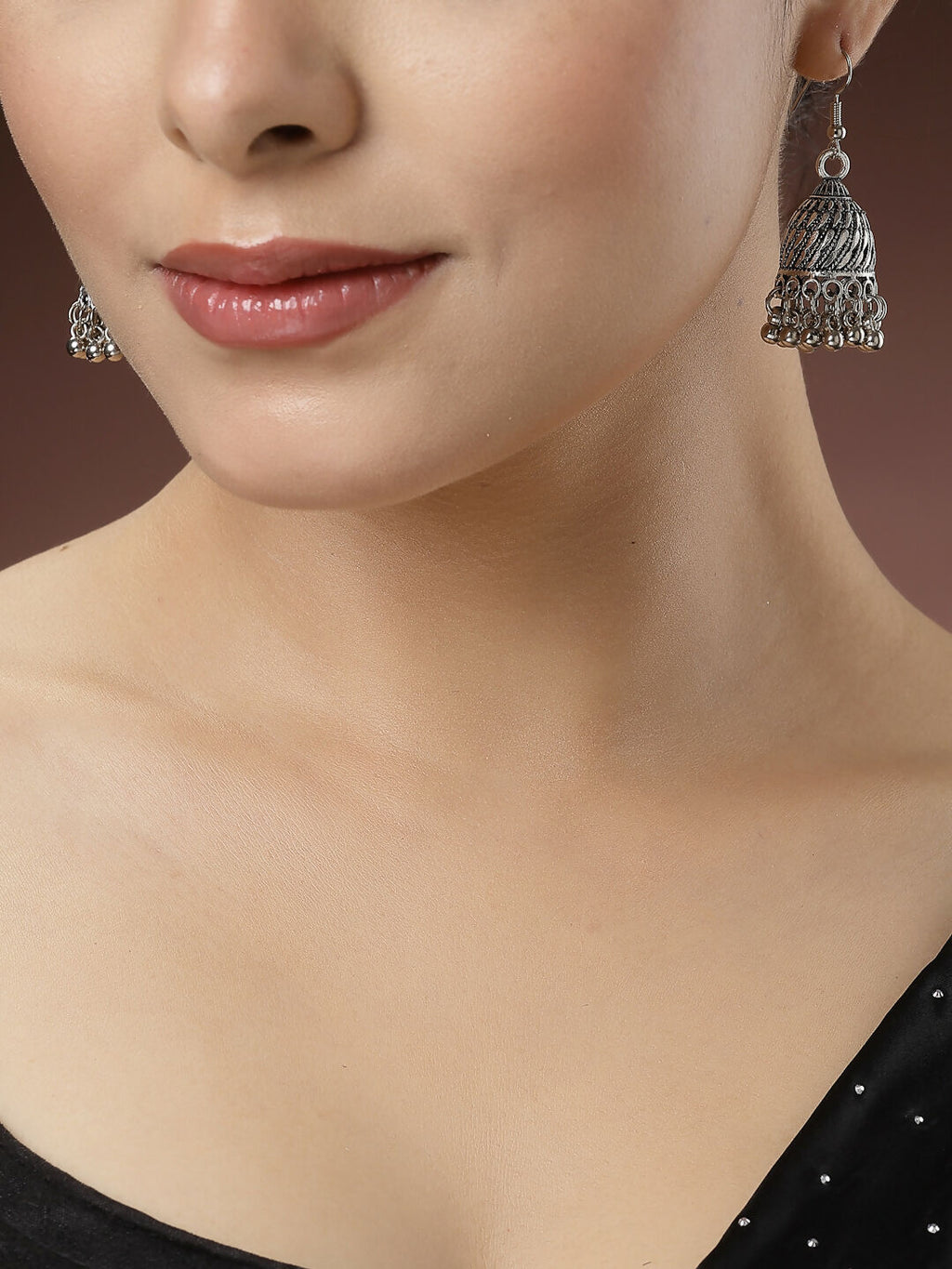 NVR Women's Silver-Toned German Silver Oxidised Dome Shaped Jhumka Earrings | Grocsy