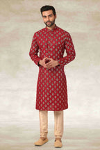 Raivat Ethnic Cotton Printed Work Kurta Pajama In Maroon Colour | Grocsy