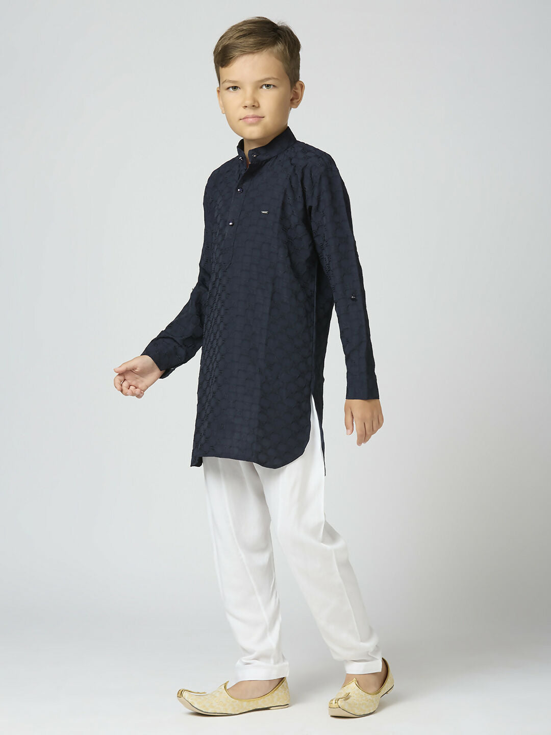 Joban Fashion Kids Island Full Sleeves Texture Cotton Kurta and Pyjama Set - Navy Blue | Grocsy